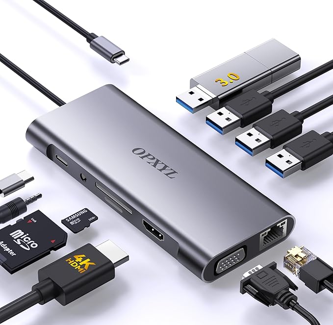 OPXYL 11-in-1 USB C Hub Multiport Adapter, USB C Docking Station with 4K HDMI, VGA 1080P, 100W PD, Ethernet, SD/TF, Audio, USB 3.0 Port, Laptop Dock for MacBook Pro/Air, iPad, Windows