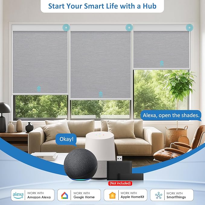 MANSNIX Smart Motorized Blinds with Remote, Cordless No-Drill Automatic Roller Shades, Blackout Electric Blind for Windows, Grey, 31 x 72