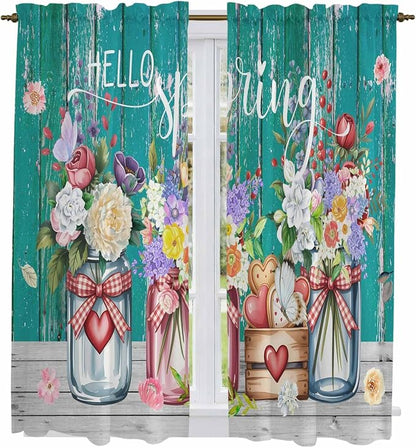 Spring Flowers Kitchen Curtains, Farmhouse Watercolor Teal Wood Grain Light by Unknown
