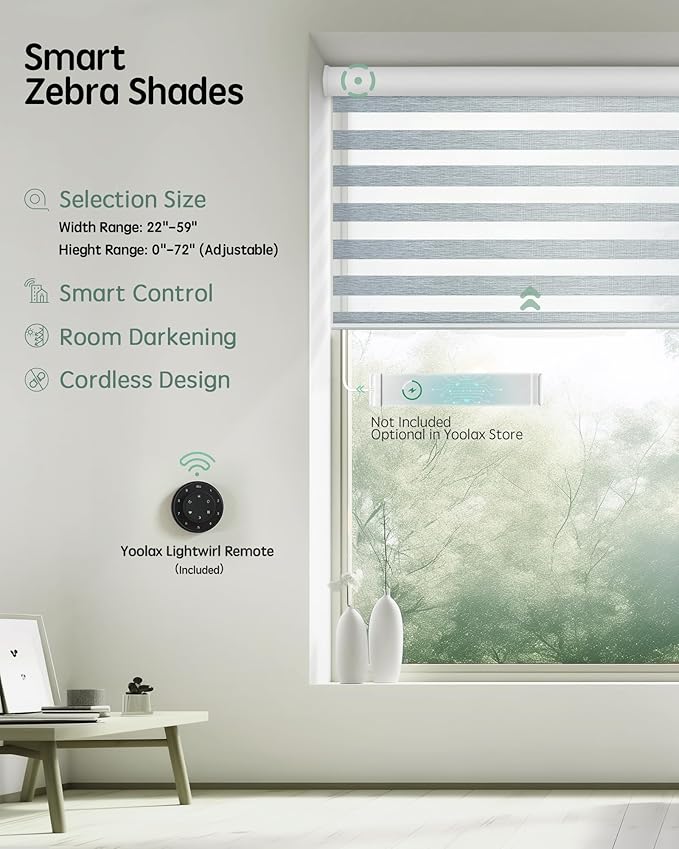 Yoolax Motorized Blinds with Remote, Electric Zebra Blinds for Indoor Windows, Room Darkening Smart Shades with Voice Control, Compatible with Alexa Google Home, APP Control, 29" W x 72" H, Grey