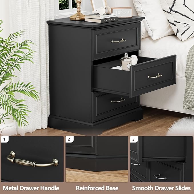 Nightstand with 3 Large Drawers,24" Wide End Table with Metal Handles,Rustic Farmhouse Wood Small Dresser,Bedside Table,Modern Chest of Drawers for Bedroom,Living Room,Black