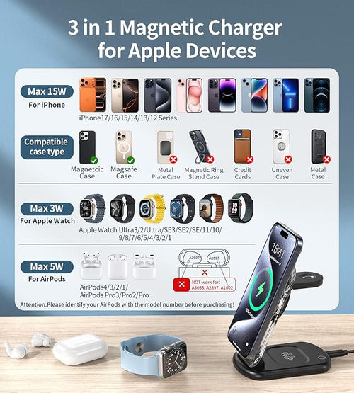 3 in 1 Magnetic Wireless Charging Station for Apple Devices, Fast Foldable Travel Mag-Safe Charger Stand with Night Light for iPhone 17 16 15 14 13 12 Series, Apple Watch/AirPods Pro