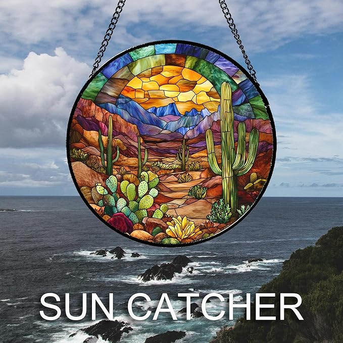CRISGIF Stained Glass Window Hanging Cactus Mountains Landscape 6.3" - Suncatcher Door Garden Sunroom Sun Catcher Home Decor Birthday Christmas for Mom Men Woman Nana