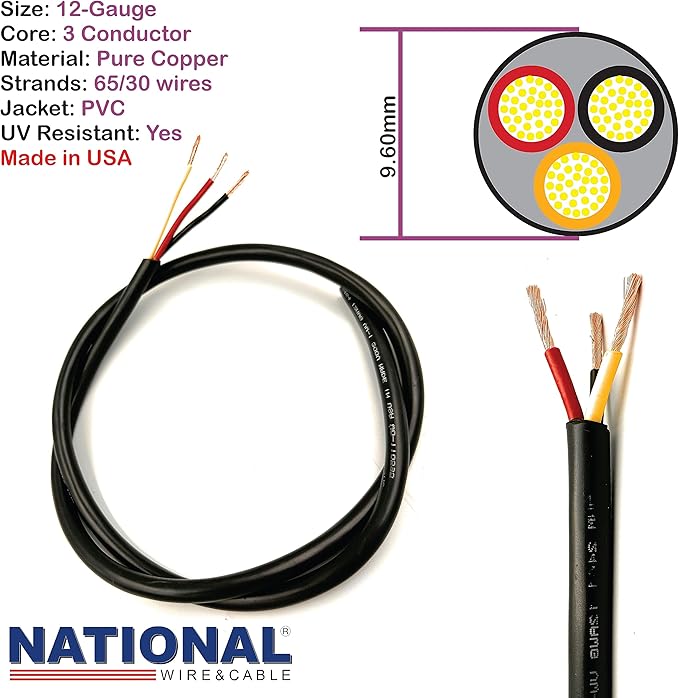 NATIONAL Wire & Cable – 12 AWG 3-Conductor Premium Copper Wire, 500 ft, Stranded | Made in USA, Heavy-Duty Flexible Jacket | Automotive, Solar, Home, RV, Indoor and Outdoor Use