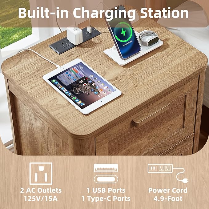 Joaxswe Farmhouse Nightstand with Charging Station, End Tables Bedroom with 2 Large Drawers & 4 Thickened Table Legs, Dark Wood