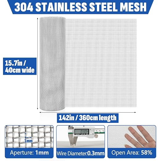 20 Mesh 304 Stainless Steel Mesh Screen, 15.7'' x 142'' Wire Screen Mesh - Image 2
