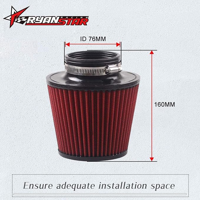 RYANSTAR 76mm 3" High Flow Round Tapered Cone Cool Air Filter Cleaner - Image 2