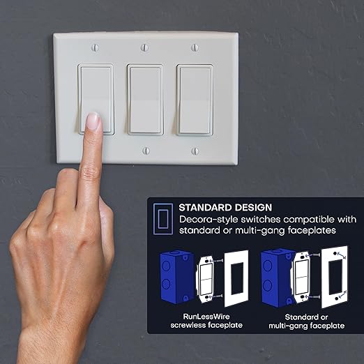 RunLessWire 3-Way Battery-Free DIY Wireless Light Switch Kit 150ft RF Range Self-Powered by Kinetic Energy for Hallways & Stairways: 2 Remote Switches Control 1 5A On/Off Receiver – Light Almond
