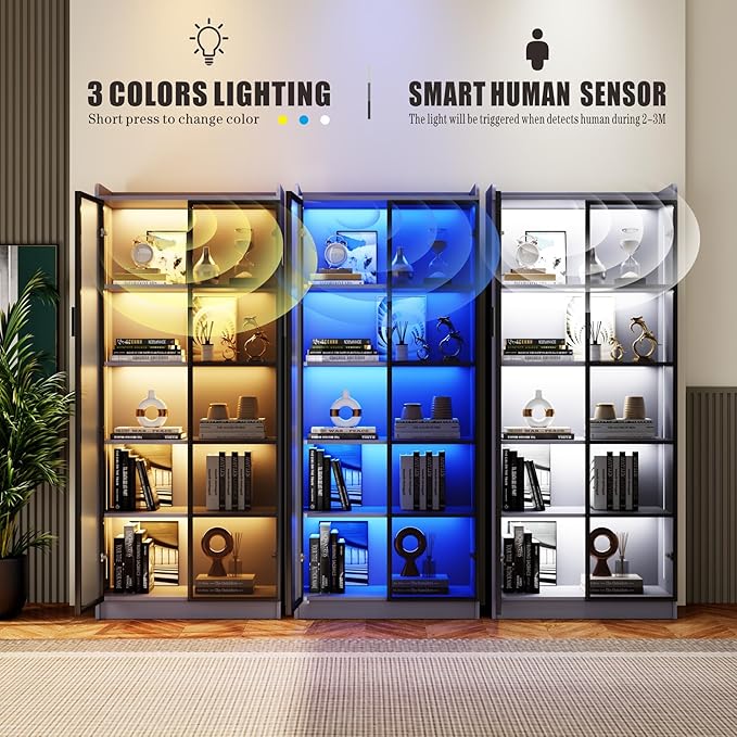 Dystler 65" Tall Display Cabinet with Doors, Lighted Bookcase with Lights/Human Sensor, 5 Tier Display Case with Adjustable Shelves for Collectibles Bedroom Living Room Office, Grey-Smoked Black Door