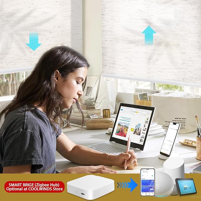 COOLWINDS Motorized Blinds with Remote Cordless Automatic Motorized Shades Custom Blinds for Windows Smart Curtains Compatible with Alexa Google Home(Light Filtering Linen Sandy Beach,W57 x H72in)