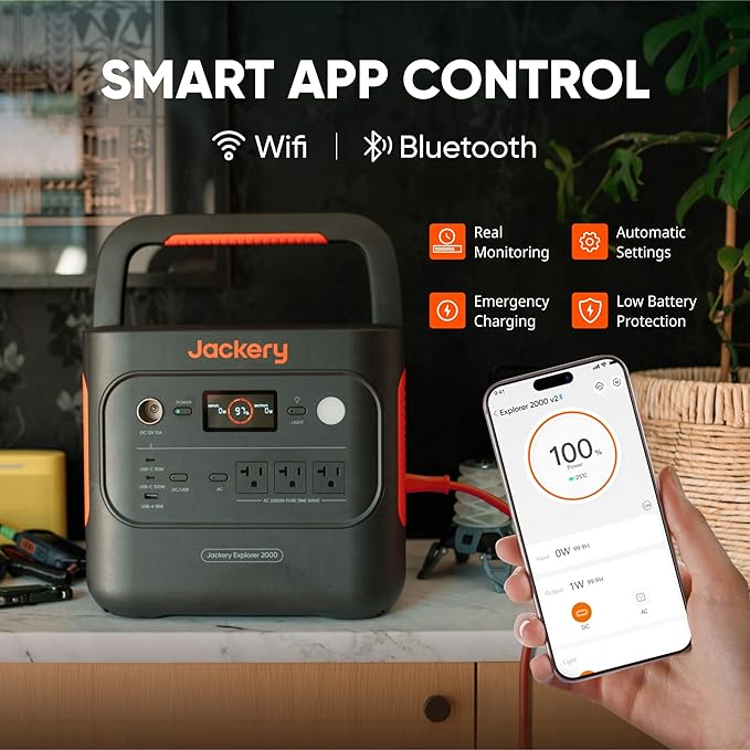 Jackery Explorer 2000 v2 Power Station and 2 * 100W Solar Panels, 2042Wh LiFePO4 Home Backup Battery, 2200W Solar Generator, USB-C PD 100W Fast Charging for Emergencies, Power Outages, Camping
