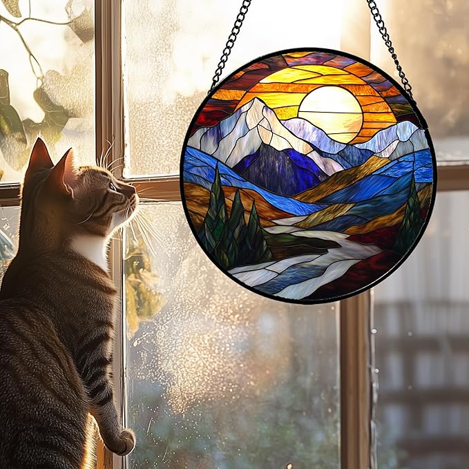 AMDERVEN Stained Glass Window Hanging, Yellow Blue Sunset Mountains Scenery Sun Catcher for Window Home Decor Landscape Suncatcher Mother's Day Birthday Gifts for Women Men Mom and Nana 6.3 in