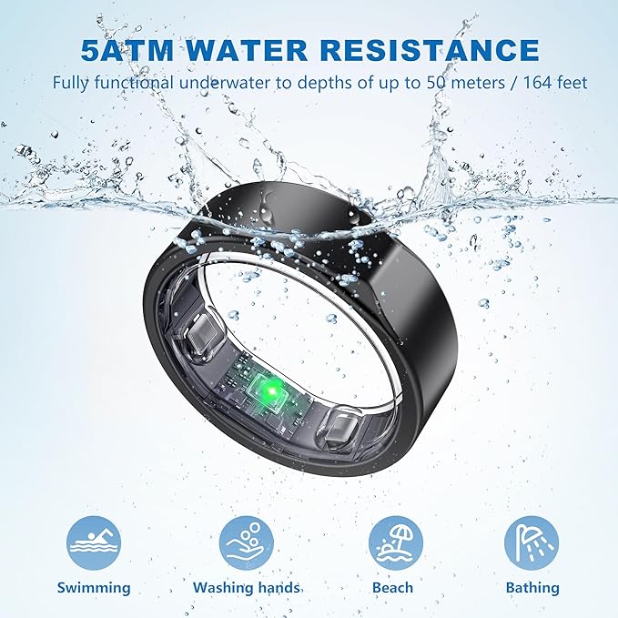 SEEKZERO Smart Ring for Women Men, Titanium Fitness Ring with Heart Rate, Stress & Sleep Monitoring,Step & Calorie Counter, 5ATM Waterproof for iPhone and Android,No Subscription Fee (Black, 11)
