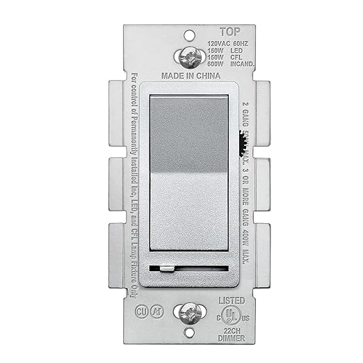 BESTTEN Matte Silver Dimmer Light Switch, Single Pole or 3-Way, Compatible with Dimmable LED, CFL, Incandescent and Halogen Bulb, 120VAC, Signature Collection Series, UL Listed