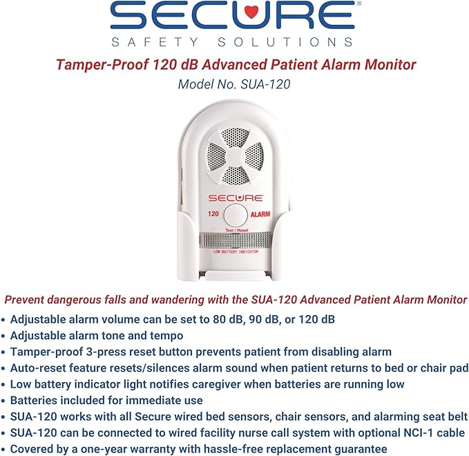 Secure Chair Alarm for Elderly Fall Prevention - 12" x 12" Pressure Sensor Pad with 80-120 dB Monitor – Wheelchair Safety Caregiver Alert System for Seniors, Dementia, and Alzheimer’s Patients