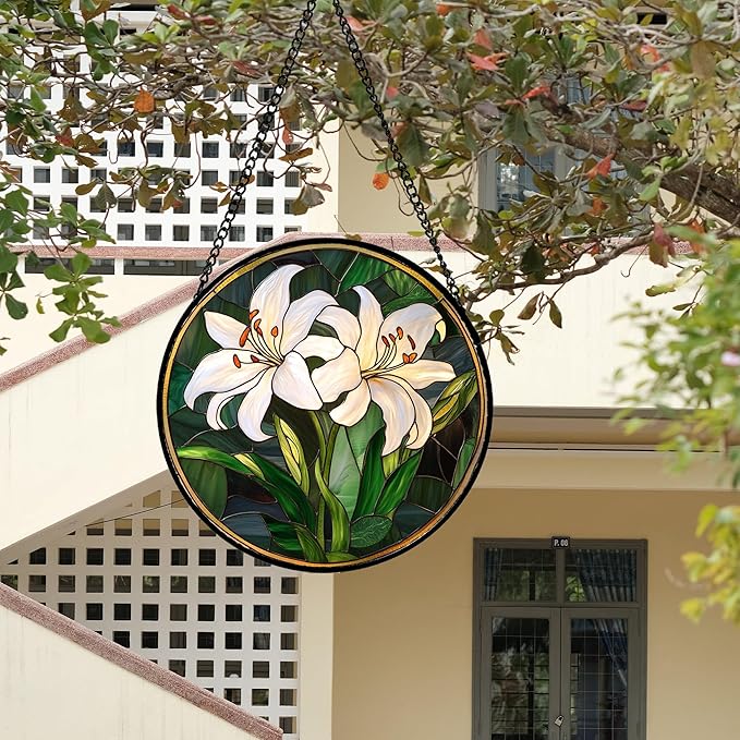 CRISGIF Stained Glass Window Hanging, White Lily Suncatcher for Door Garden Patio Birth Flower Green Plant Sun Catchers Decor Christmas Mother's Day Birthday Gifts for Women Mom Nana Friend 9.8 in