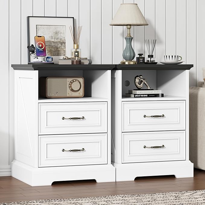 Nightstand with Charging Station,18" Wide End Table with 2 Large Drawers & Metal Handles,Rustic Farmhouse Wood Small Dresser,Bedside Table,Modern Chest of Drawers for Bedroom,Living Room,Off White