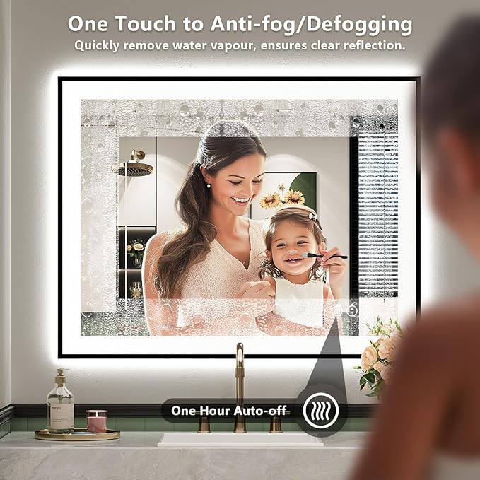 YEELAIT 40x30 Inch LED Bathroom Mirror with Lights (Front Lit and Backlit) Black Framed Lighted Vanity Mirror for Bathroom Wall Dimmable Anti-Fog Memory Tempered Glass Horizontal/Vertical