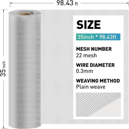 304 Stainless Steel Mesh Window Screen Roll, 35IN x 98.43FT Silver Metal Window - Image 3