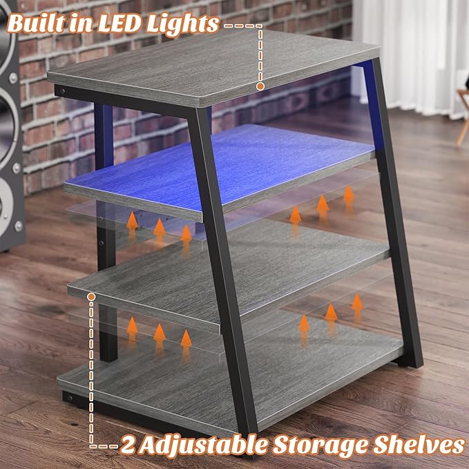 Besiost AV Media Stand with Outlets, Media Console with LED Lights, Stereo Racks and Stands with Storage Shelves, Media Audio Tower Stand, Light Grey Walnut