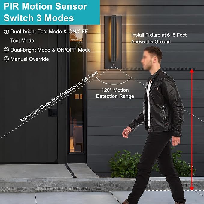 Tarentlight Modern PIR Motion Sensor Outdoor LED Wall Light, with a Rotatable Beam and 245° Adjustment, 3 Lighting Sensor Modes, IP65 Waterproof, Suitable for Porches, Balconies, Gardens, Garages.
