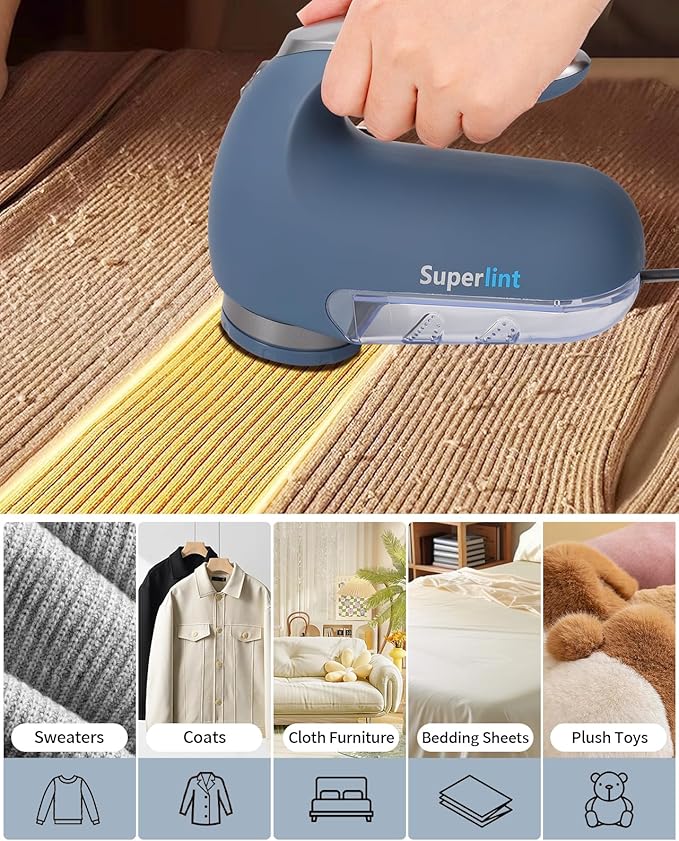 SUPER LINT Electric Sweater Shaver Fuzz Pill Bobble Remover for Fabric Fleece Curtains Clothes, Marine Blue & Silver