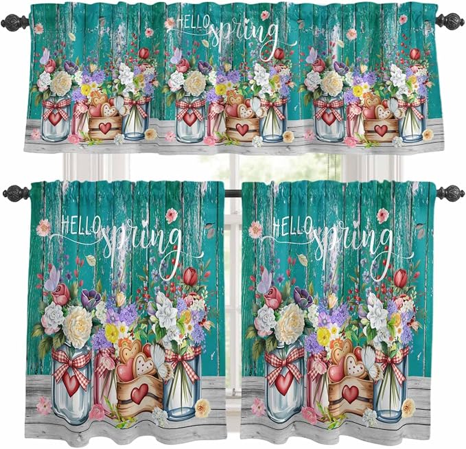 Kitchen Curtains Tiers and Valance Set of 3, Spring Flowers Light Filtering by Anzona