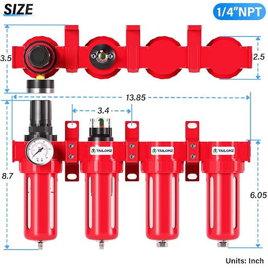 TAILONZ PNEUMATIC 0-150PSI 1/4 Inch NPT Red Industrial Grade 4 Stage Air Drying - Image 2
