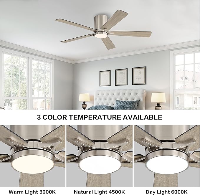 WINGBO 48" DC Flush Mount Ceiling Fan with Lights, 6-Speed Reversible DC Motor, 3CCT, Low Profile Hugger Ceiling Fan for Living Room Bedroom Kitchen, Nickel Finish and Black/Gray Blades