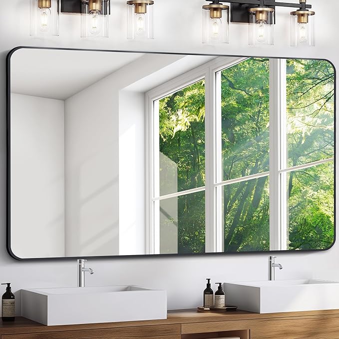 FORBATH Large Bathroom Mirror 60x36 Inches, Black Oversized Wall Mirror for 2 Sinks Aluminum Frame Wall Mounted Rounded Corner Morndern Mirror for Bathroom Bedroom Entryway Living Room