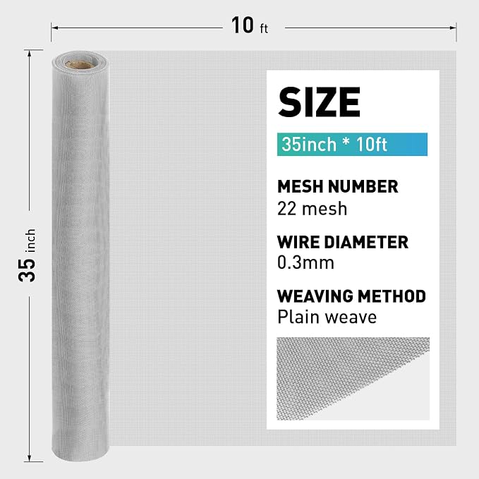 304 Stainless Steel Mesh Window Screen Roll, 35IN x 10FT Silver Metal Window - Image 3