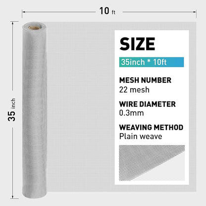 304 Stainless Steel Mesh Window Screen Roll, 35IN x 10FT Silver Metal Window - Image 3