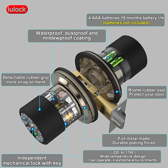 iulock Smart Door Knob with Keypad and Key,Keyless Entry Door Lock with Rubber Grip, Auto Lock,50 User Code,Waterproof, Easy to Install and Program for Bedroom Garage Office Gate (Golden)