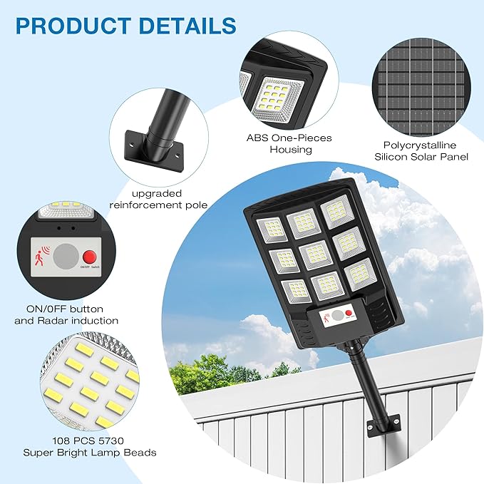 Solar Street Lights Outdoor Waterproof,6500K LED Dusk to Dawn Solar Light,260° Angle Flood light with Motion Sensor and Remote Control for Outdoor,Parking Lot, Courtyards,Parking Garages 6-Pack