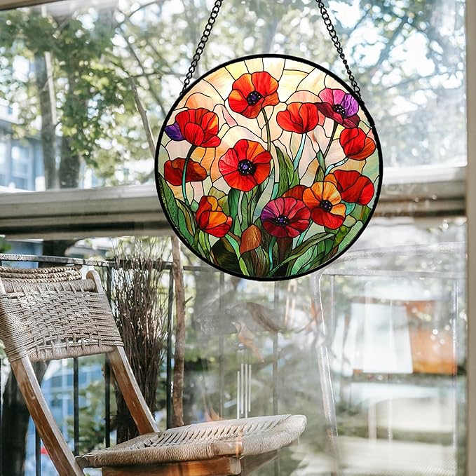 CRISGIF Stained Glass Window Hanging - Poppy Birth Flowers Suncatcher for Door Garden Yard Wildflowers Sun Catchers Decor Christmas Mother's Day Birthday Gifts for Women Mom Nana Friend 15 in