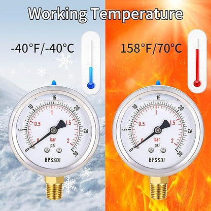 0-30 Psi Glycerin Liquid Filled Low Pressure Gauge, 2.5" Dial Size, 1/4" NPT - Image 6