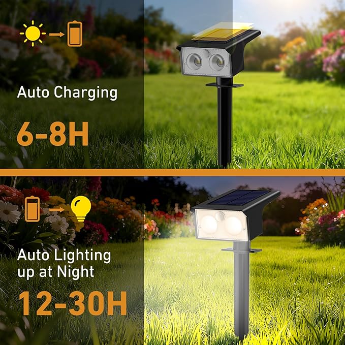 btfarm Solar Spot Lights Outdoor Waterproof, 2 Pack/3 Modes Motion Sensor Lights, Solar Powered Spotlights 2-in-1 Auto On/Off for Outside Pathway Yard Garden Landscape Lighting, Warm White