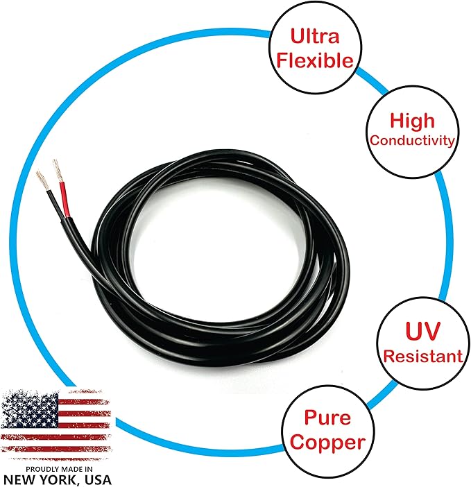 NATIONAL Wire & Cable – 18 AWG 2-Conductor Premium Copper Wire, 100 ft, Stranded | Made in USA, Flexible Jacket | LED Strips, Electronics, Low Voltage, DIY Projects, Indoor and Outdoor Use