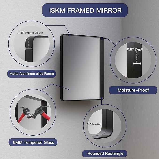 ISKM 48x30 Inch Black Metal Framed Bathroom Mirror for Wall Rectangle Mirror for Vanity Anti-Rust Tempered Glass Decorative (Horizontal/Vertical)