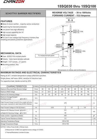 Chanzon 15SQ045 Schottky Diodes 15A 45V R-6 Axial 15 Amp 45 Volt - Image 3