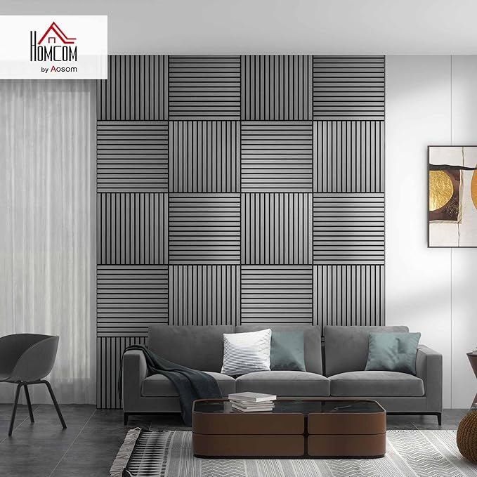 HOMCOM 4 Pack 3D Acoustic Panels, 24" x 24" Soundproof Wood Panels for Wall, Wood Slat Wall Paneling for Interior Ceiling, Office, Home Theater, Studio, Gray