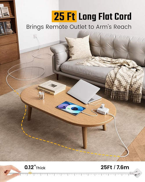 25Ft Long Extension Cord, Flat Plug Power Strip with 8 Outlets & 4 USB Ports (2 USB C), Wall Mountable Surge Protector, Desk Charging Station for Home Office, Dorm Room Essentials