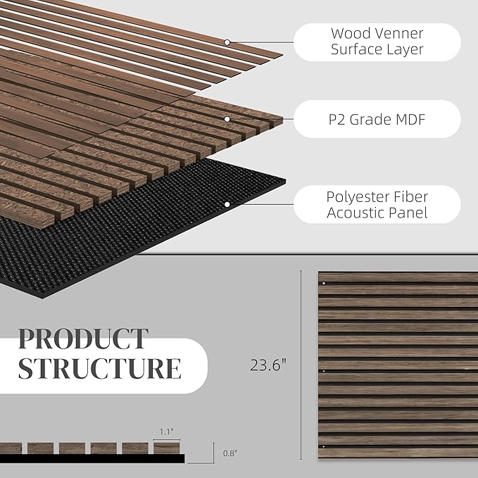 HOMCOM 4 Pack 3D Acoustic Panels, 47" x 24" Soundproof Wood Panels for Wall, Wood Slat Wall Paneling for Interior Ceiling, Office, Home Theater, Studio, Walnut