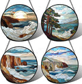 DASTOLL Stained Glass Window Hanging 4 Pcs Set Ocean Waves Large 15" - Blue and White Sea Suncatcher Door Garden Sun Catcher Decor Birthday Christmas for Mom Woman Nana Men