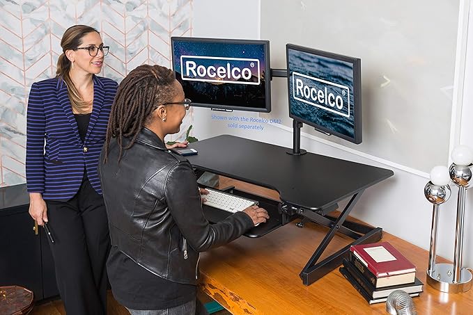 Rocelco 38" Large Height Adjustable Standing Desk Converter - Quick Sit Stand Up Dual Monitor Riser - Gas Spring Assist Tabletop Computer Workstation - Retractable Keyboard Tray - Black (R DADRB-38)