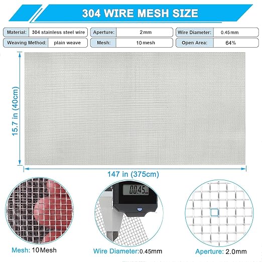 10 Mesh Stainless Steel Mesh Screen 304, 15.7'' x 147'' Metal Mesh Screen - Image 2