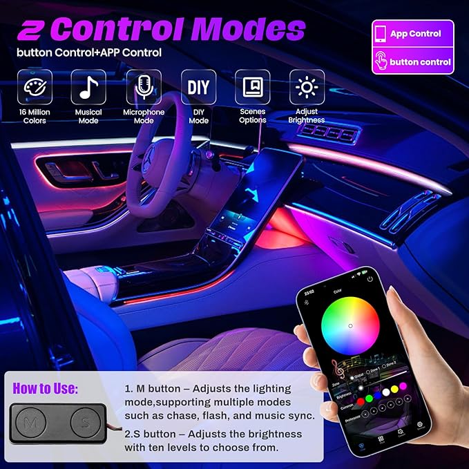 Acrylic Interior Car LED Strip Lights, Colorful 18-in-1 Car Ambient Lighting Kit, with Wireless APP Control, 622 LED Fiber Optic Strip Lights for Cars, Supports Neon Sync with Music DIY Mode.