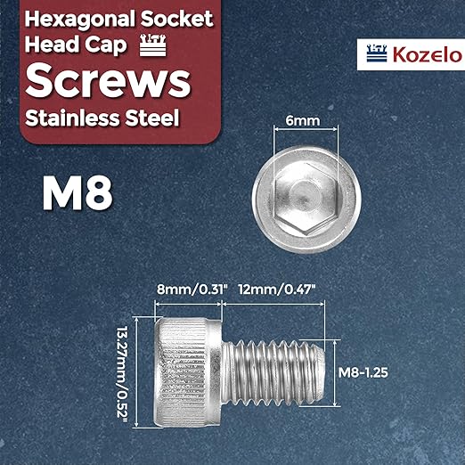 Kozelo 20pcs Socket Head Cap Screws - [M8-1.25 x 12mm] 304 Stainless Steel Allen Socket Drive for Electrical Motor 3D Printing Fan Engine Replacement Use, Silver