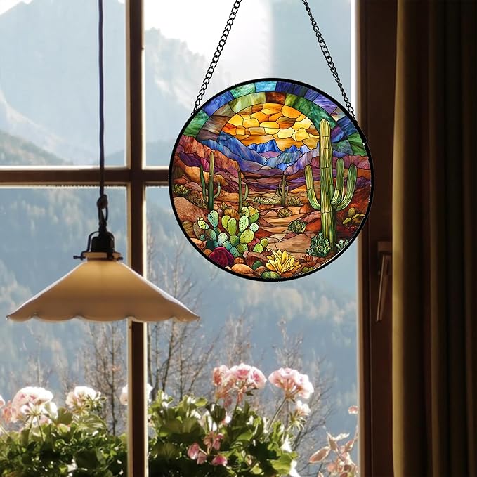 CRISGIF Stained Glass Window Hanging Cactus Mountains Landscape 6.3" - Suncatcher Door Garden Sunroom Sun Catcher Home Decor Birthday Christmas for Mom Men Woman Nana