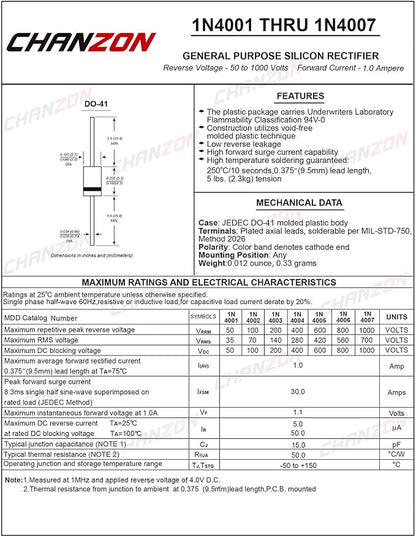 Chanzon 1N4007 Rectifier Diode 1A 1000V DO-41 Axial 4007 IN4007 1 Amp 1000 Volt - Image 2